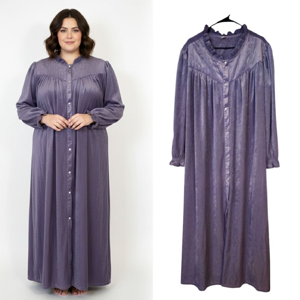 VTG 80s Purple Velvet Maxi Nightgown 4X Ruffle Pearl Snap Robe *NO OFFERS*
